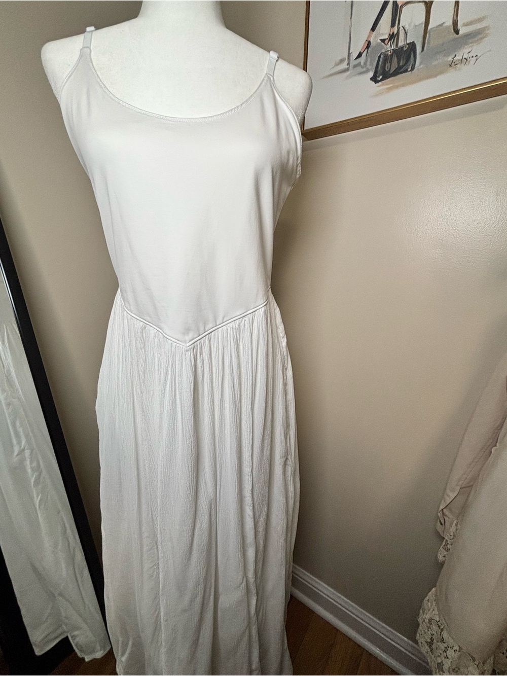 Aerie White Basque V-Waist Gauze Maxi Dress Adjustable Straps Size L